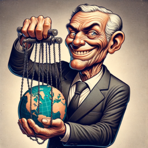 A greedy, old-aged businessman controlling the globe with chains